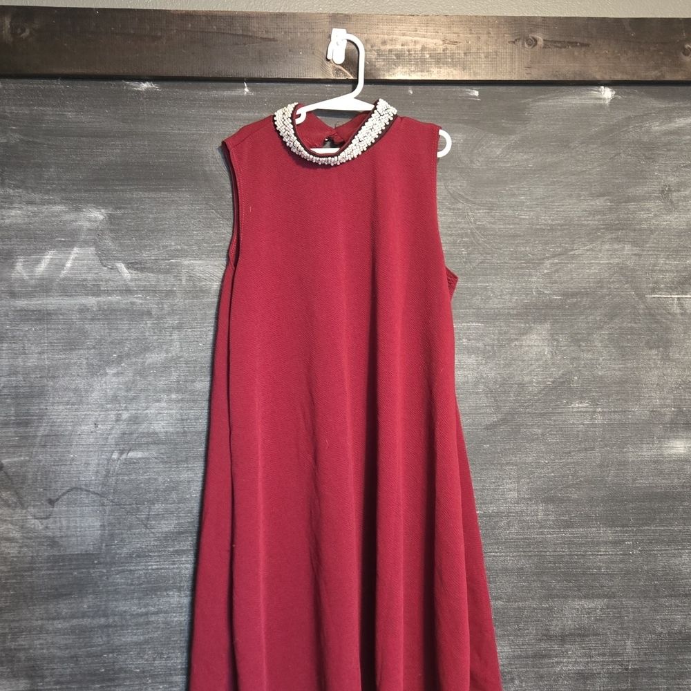 French Atmosphere Burgundy Midi Dress with Embellished Neckline